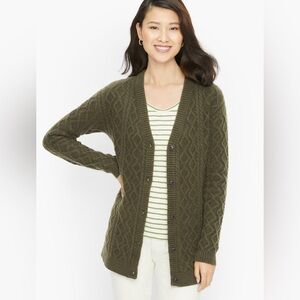 🆕 NWT Talbots Olive Green Longline Cable Knit Cardigan Sweater Wool Alpaca Blend